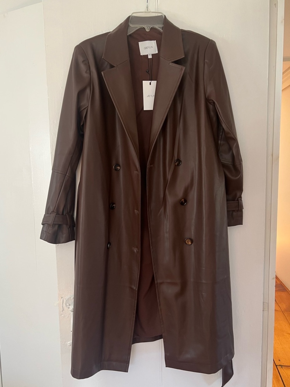 Greylin Chocolate Brown Faux-Leather Trench Coat. Never worn. Good condition.
